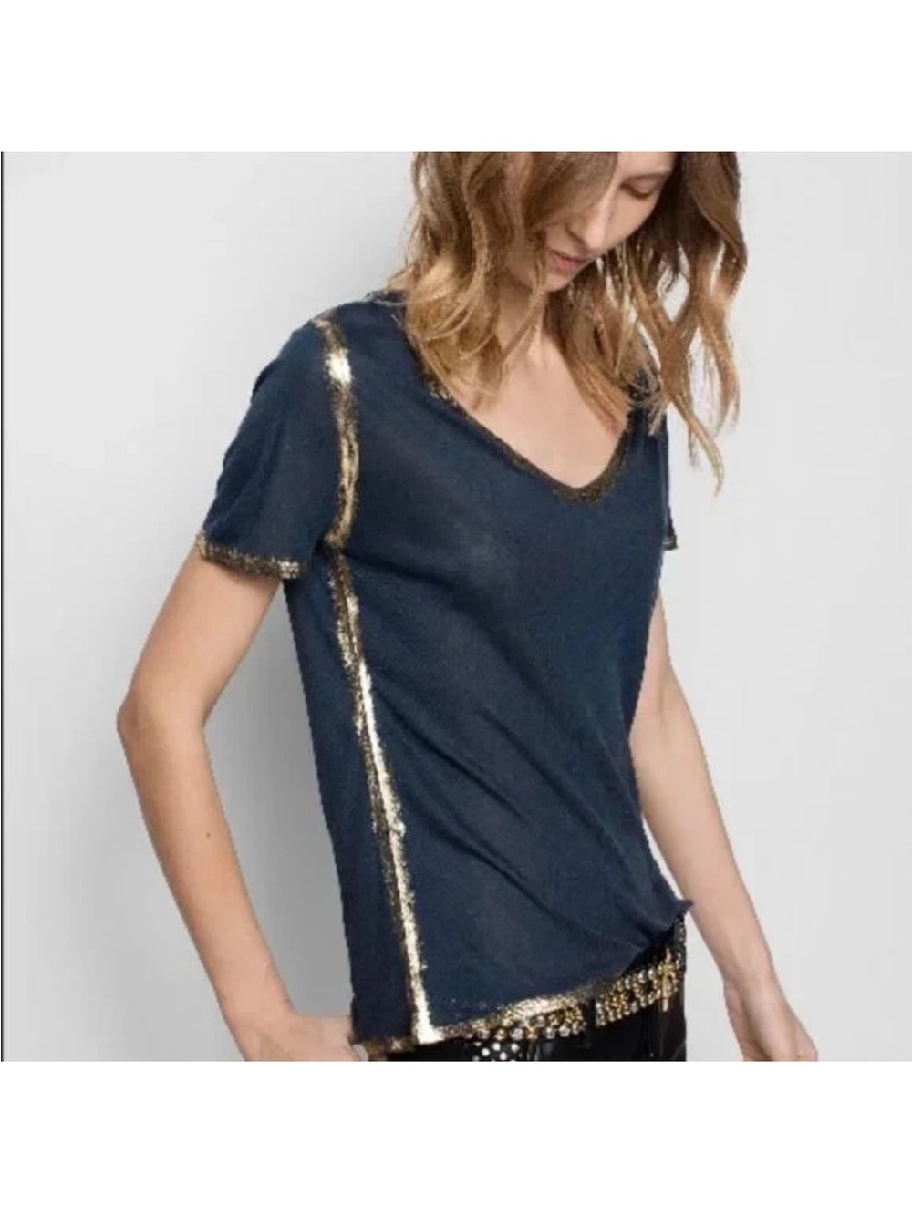 Zadig & Voltaire Navy V-Neck Tee with Gold Trim